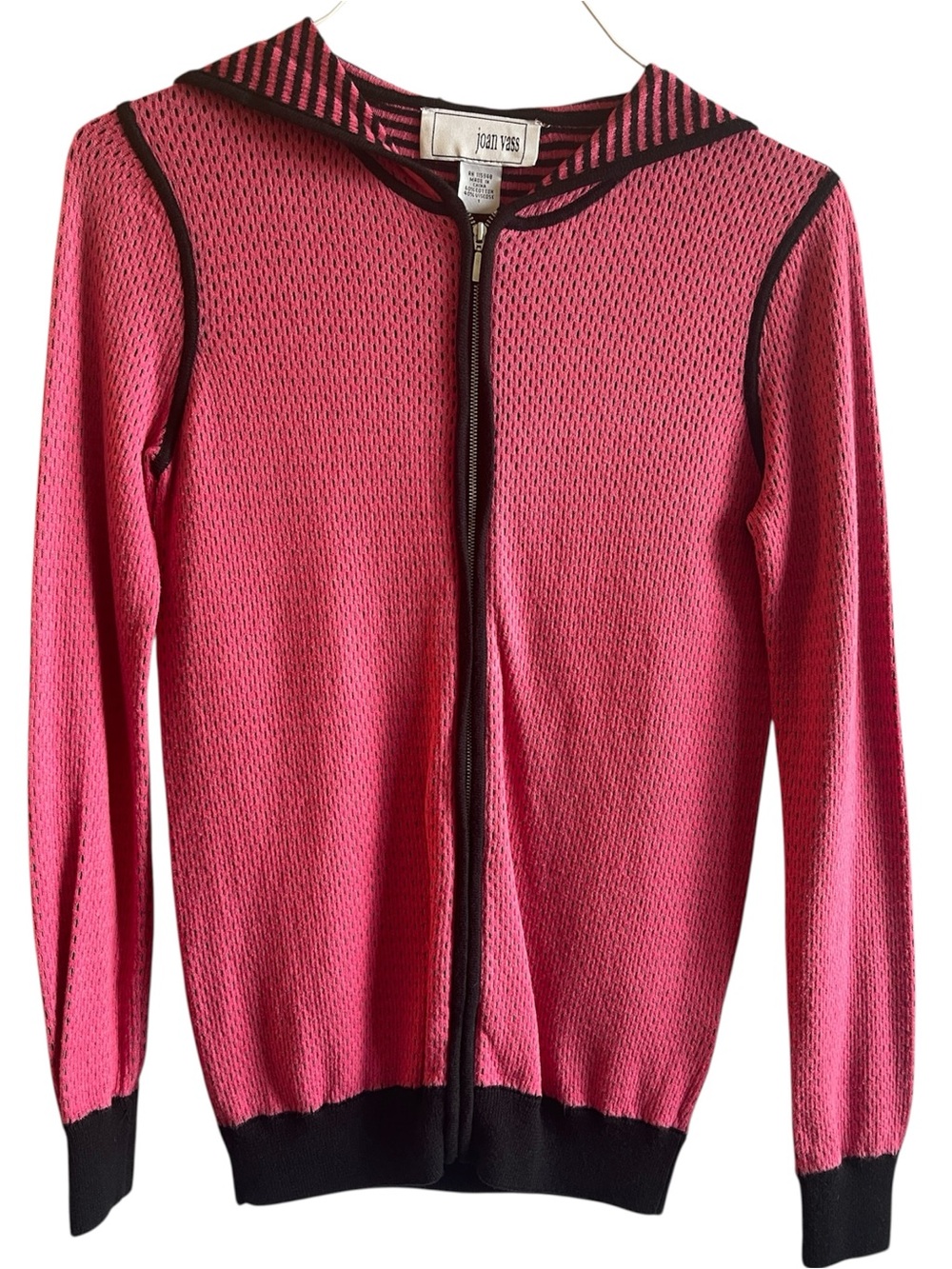 Joan Vass Pink Hooded Knit Zip Cardigan with Black Trim Size 1